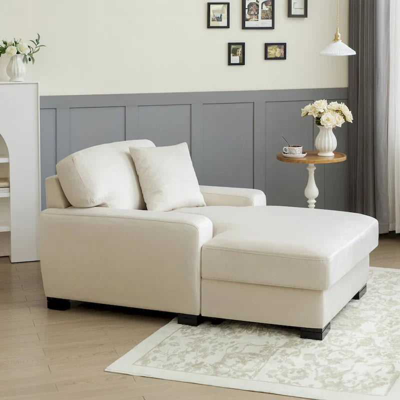 Nowoczesna, ponadgabarytowa sofa z szezlongiem i funkcją spania w stylu mid-century, z poduszką