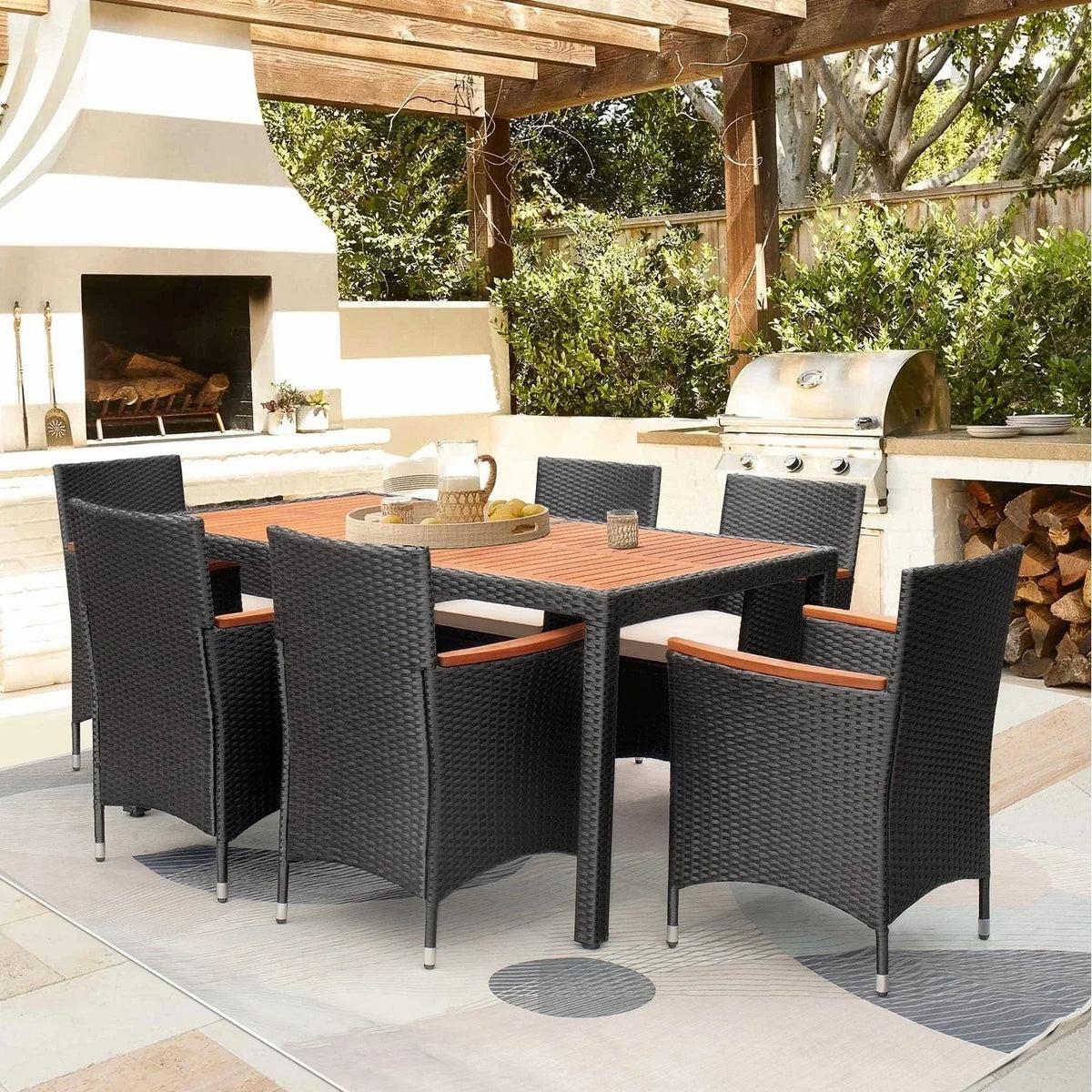 Lacoo Garten-Essgruppe aus PE-Korbgeflecht und Akazienholz für die Terrasse