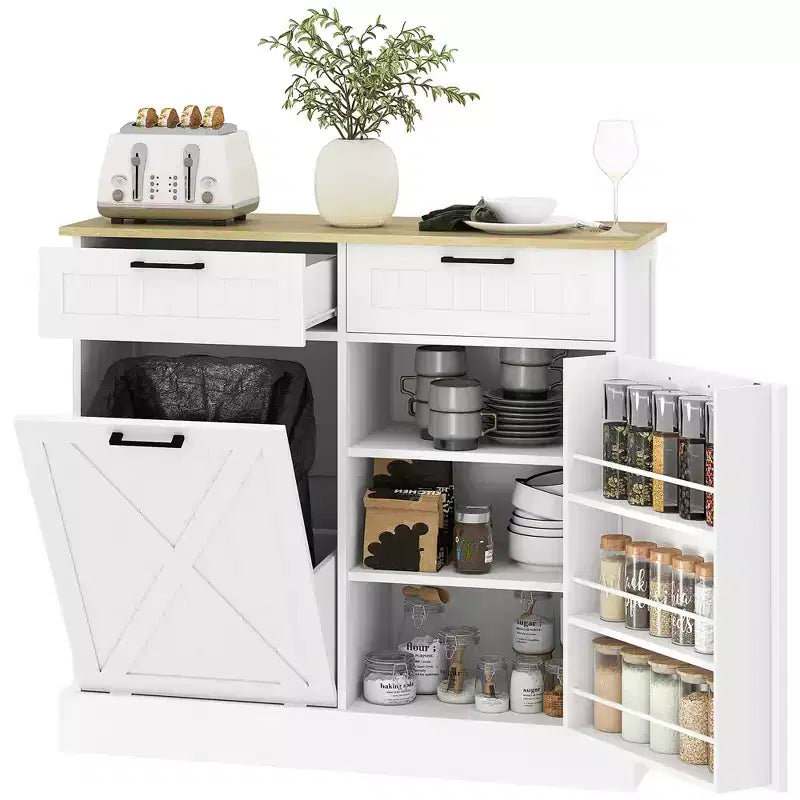 Meuble poubelle basculant HOMCOM avec tiroirs, meuble de cuisine style maison de campagne avec poubelle dissimulée pour la cuisine
