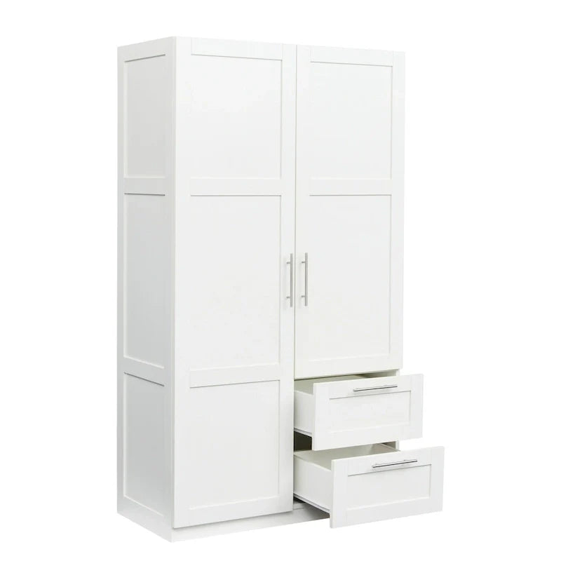 Weißer Kleiderschrank aus Holz mit Türen, Schubladen und Kleiderstange