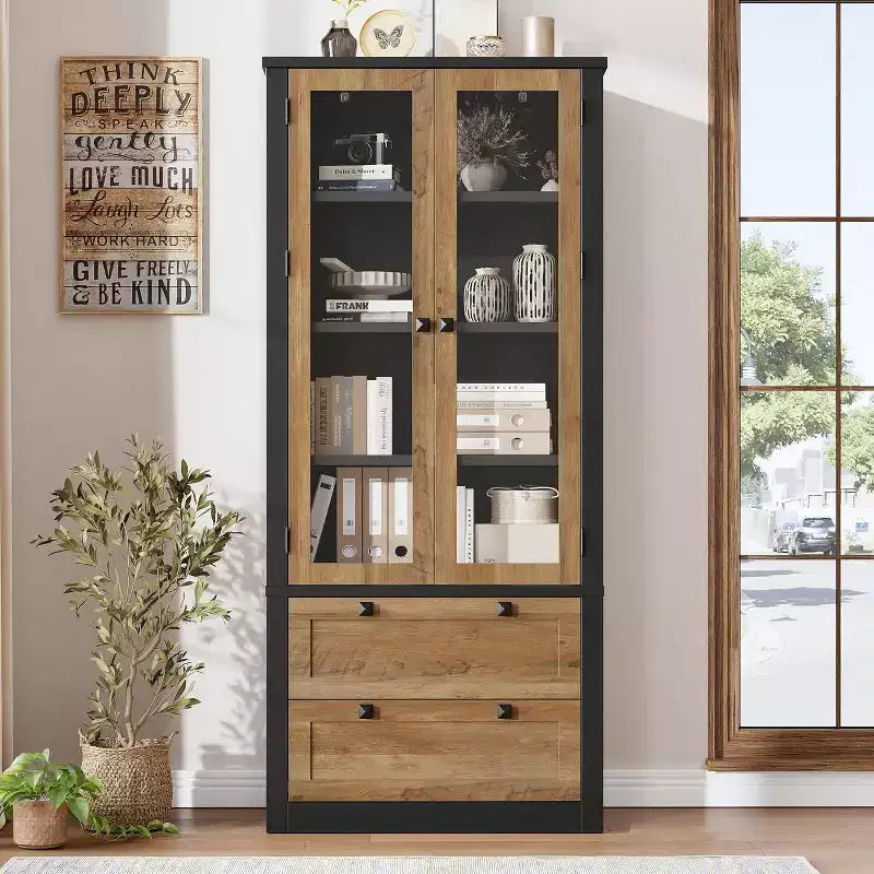 Armoire de rangement de cuisine style champêtre avec portes vitrées, meuble de rangement de 72 pouces avec tiroirs et étagères réglables pour la salle à manger, la salle de bains ou le salon