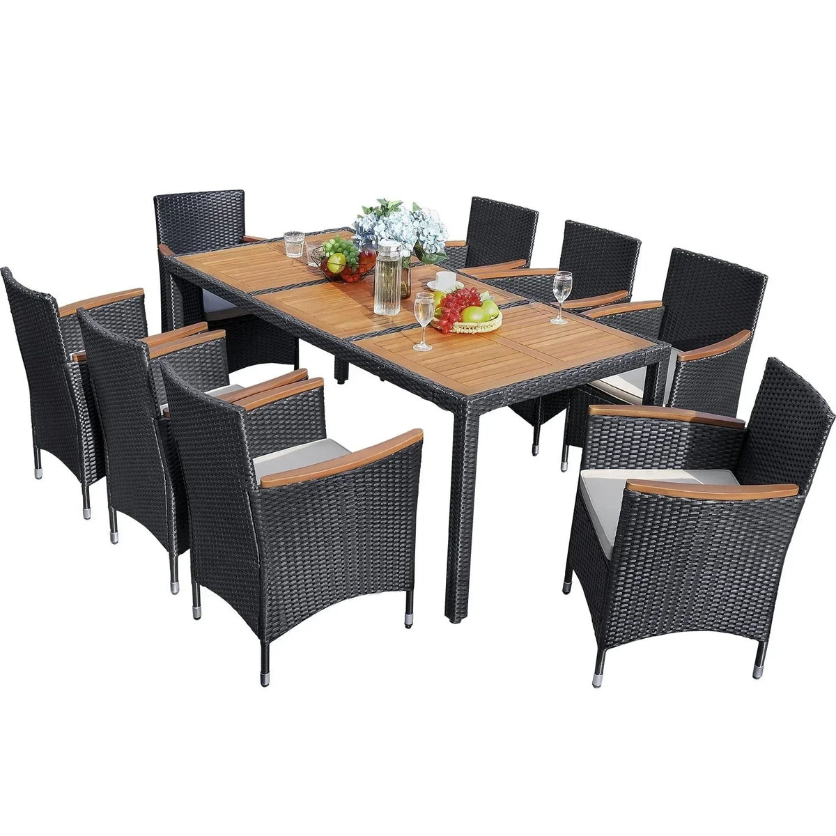 Lacoo Garten-Essgruppe aus PE-Korbgeflecht und Akazienholz für die Terrasse