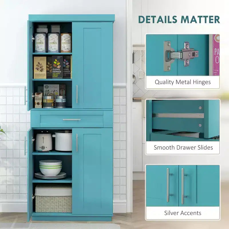 Meuble garde-manger de cuisine moderne autoportant avec portes et tiroir, étagères réglables