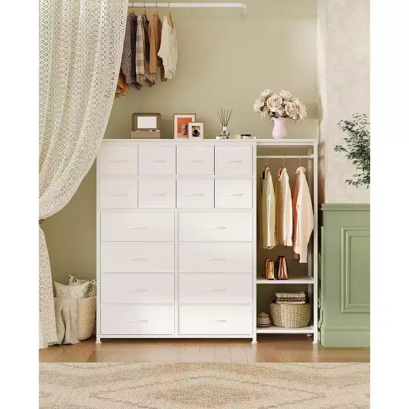 Commode avec 16 tiroirs, tringle et étagères, organisateur de rangement en tissu pour chambre, dressing ou entrée