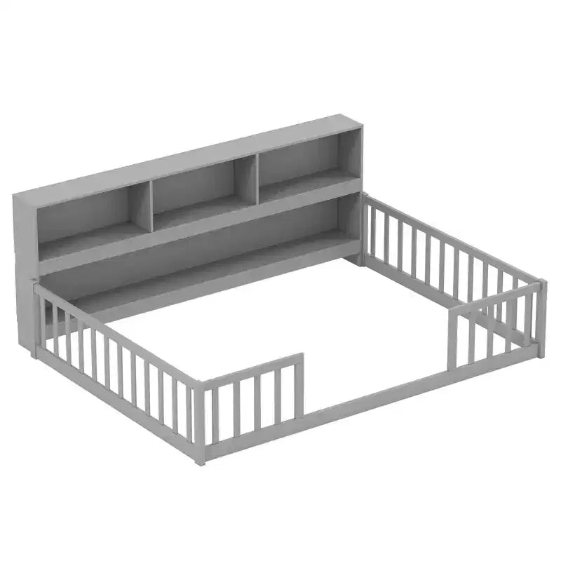 Łóżko podłogowe Montessori w rozmiarze Twin/Full z półkami na książki i miejsce do przechowywania oraz barierkami ochronnymi, białe/szare