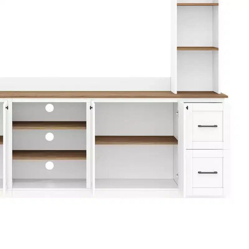ModernLuxe 4-in-1-Farmhouse-Entertainment-Center als Wandeinheit, passend für Fernseher bis 70, TV-Ständer und Medienkonsole mit verstellbaren Regalen und Schubladen
