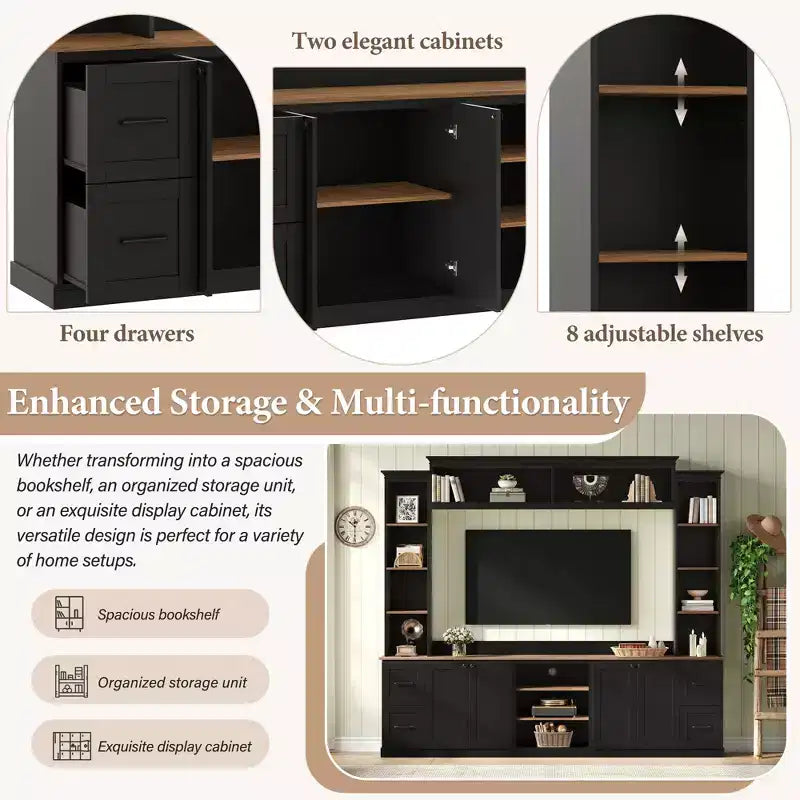 ModernLuxe 4-in-1-Farmhouse-Entertainment-Center als Wandeinheit, passend für Fernseher bis 70, TV-Ständer und Medienkonsole mit verstellbaren Regalen und Schubladen