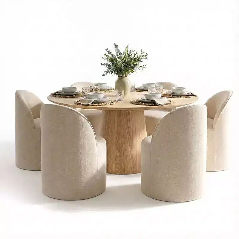 Modernes Esszimmer-Set für 6 Personen, runder Esstisch mit Säulenfuß, drehbare Fassstühle mit Rollen, Chenille-Strukturstoff – Panipeachy