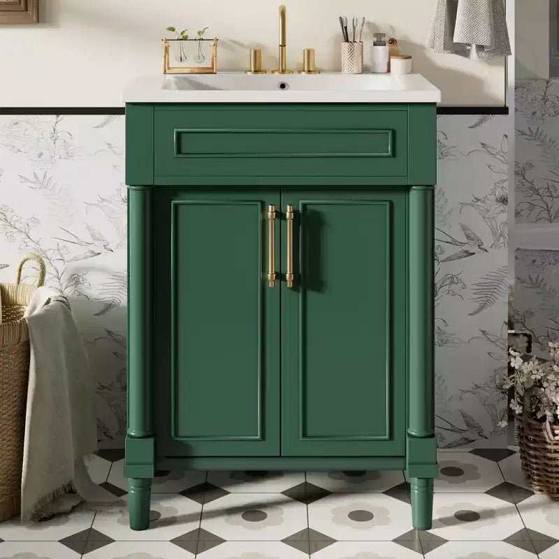 Badkamermeubel van 24 inch met keramische wastafel, Shaker-kast, 2 softclose-deuren en massief houten frame voor een kleine badkamer of toiletruimte