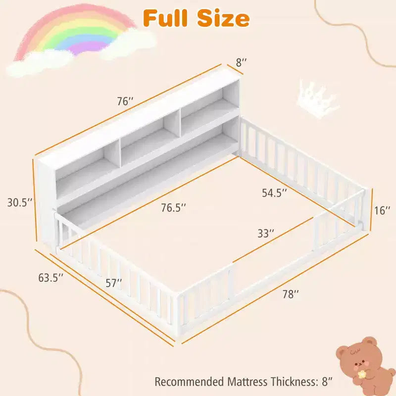 Łóżko podłogowe Montessori w rozmiarze Twin/Full z półkami na książki i miejsce do przechowywania oraz barierkami ochronnymi, białe/szare