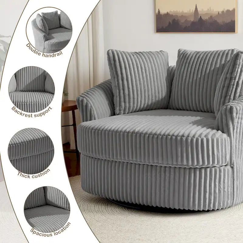 Fauteuil pivotant tonneau surdimensionné de 43 W en velours côtelé moelleux avec accoudoirs encastrés