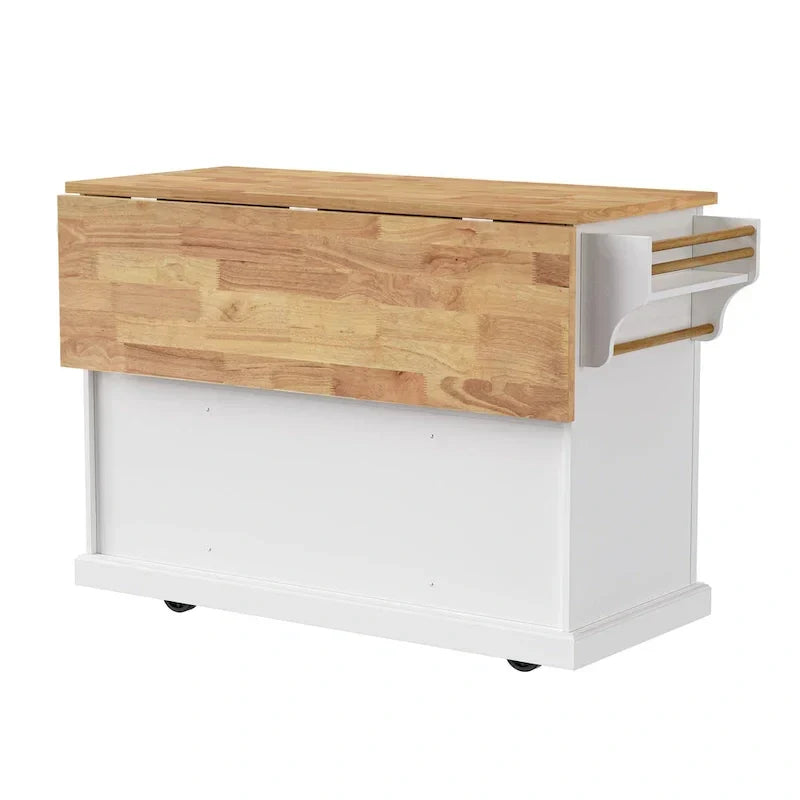 Grand îlot de cuisine avec rallonge rabattable en bois, desserte de cuisine roulante à texture embossée avec portes et tiroirs de rangement, blanc