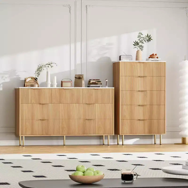 Commode blanche / marbre et bois à 5 tiroirs - panneau cannelé, pour 1 personne