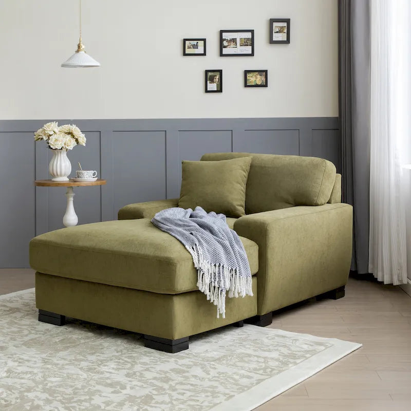 Nowoczesna, ponadgabarytowa sofa z szezlongiem i funkcją spania w stylu mid-century, z poduszką