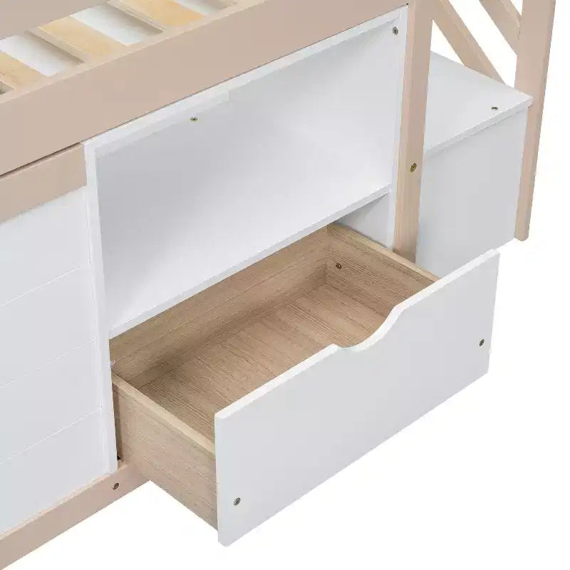 Lit mezzanine simple Okak en bois massif avec escalier et rangement, lit superposé simple bas avec tiroirs et étagères, lit mezzanine multifonctionnel pour enfants et adolescents