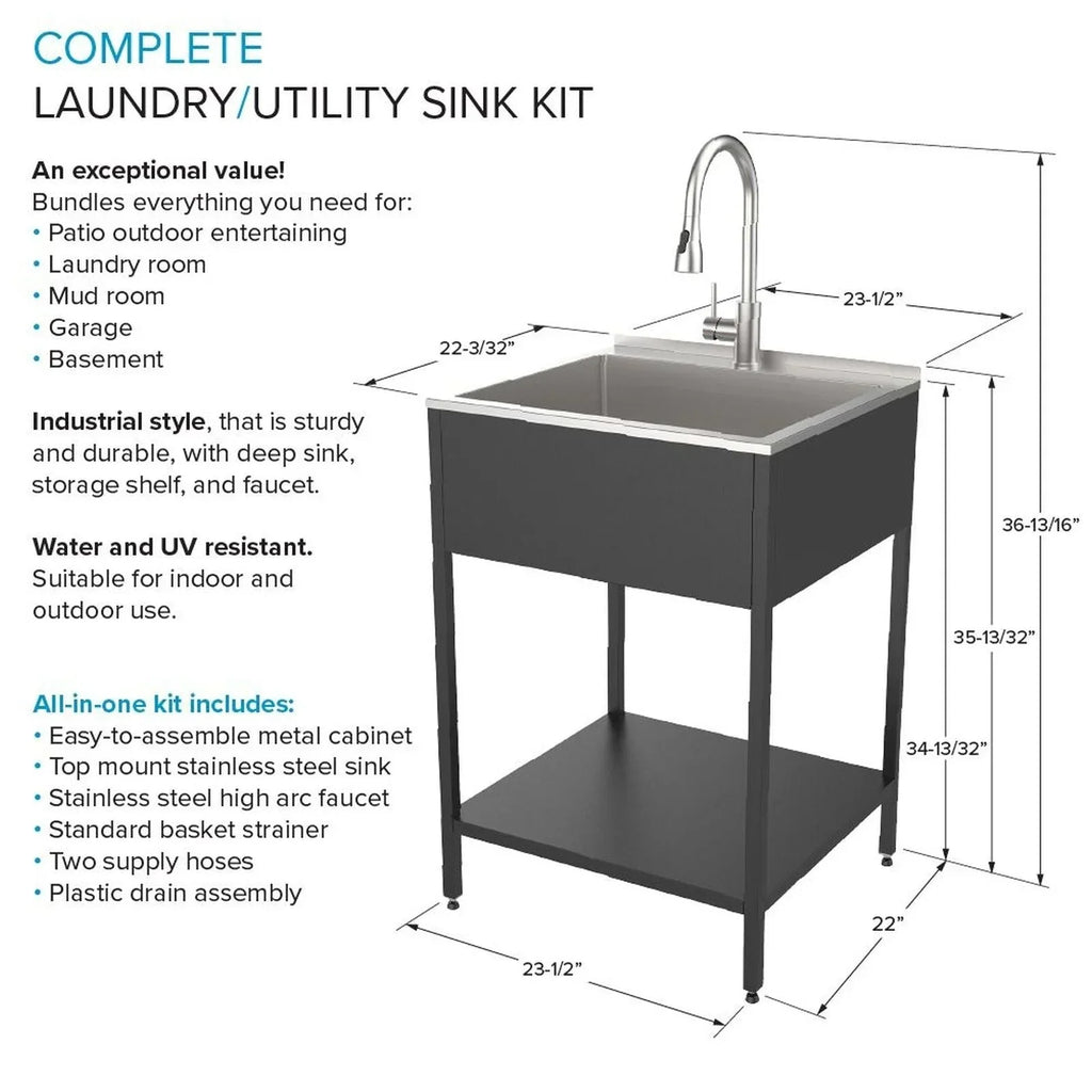 24-in W x 22-in D x 35-in H Paslanmaz Çelik Çamaşır Evyesi ve Yıkama Standı