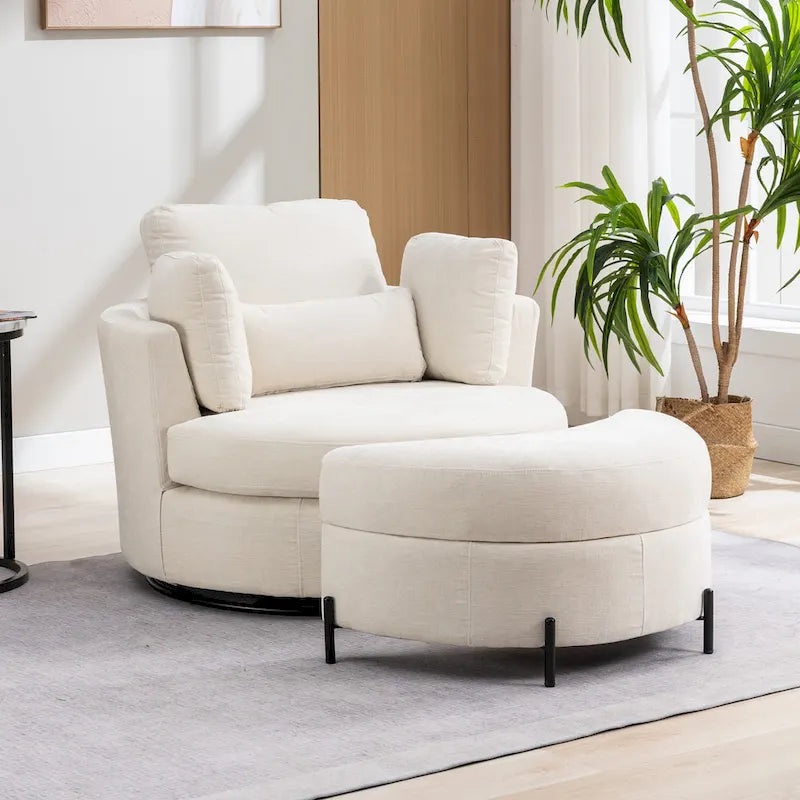 Fauteuil d’appoint pivotant rembourré de 42,3W avec 4 coussins et pouf de rangement demi-lune