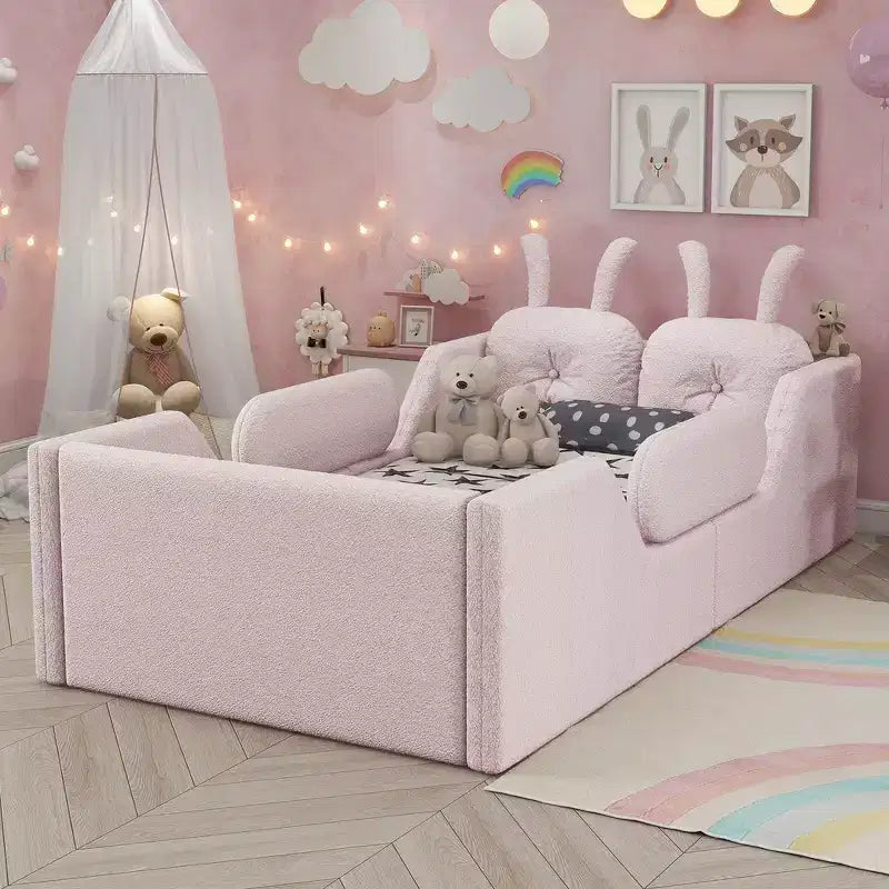 Whisen Twin Platform Bed, Kids Floor Upholstered Bed Frame with Rabbit Cushion, Removable Side Rails