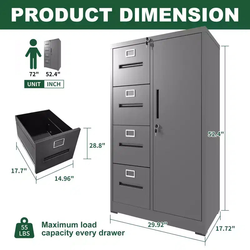 Classeur vertical de rangement en métal avec serrure, armoire à dossiers en acier à 4 tiroirs