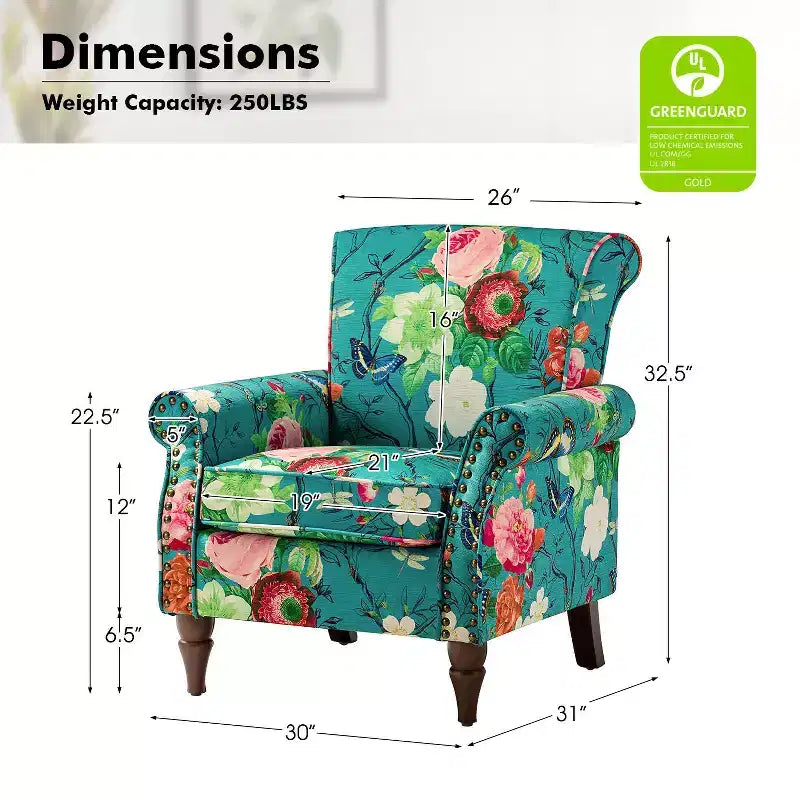 Sillón floral tradicional Araceli con estructura de madera, tapizado, respaldo alto con alas y acabado de tachuelas| ART OF LIVING DESIGNS