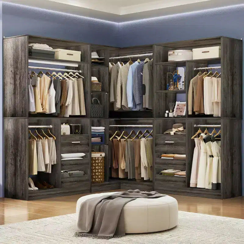 Besiost 3-teiliges Eck-Kleiderschranksystem mit Regalböden und Schubladen, freistehender Kleiderschrank-Organizer mit Kleiderstangen