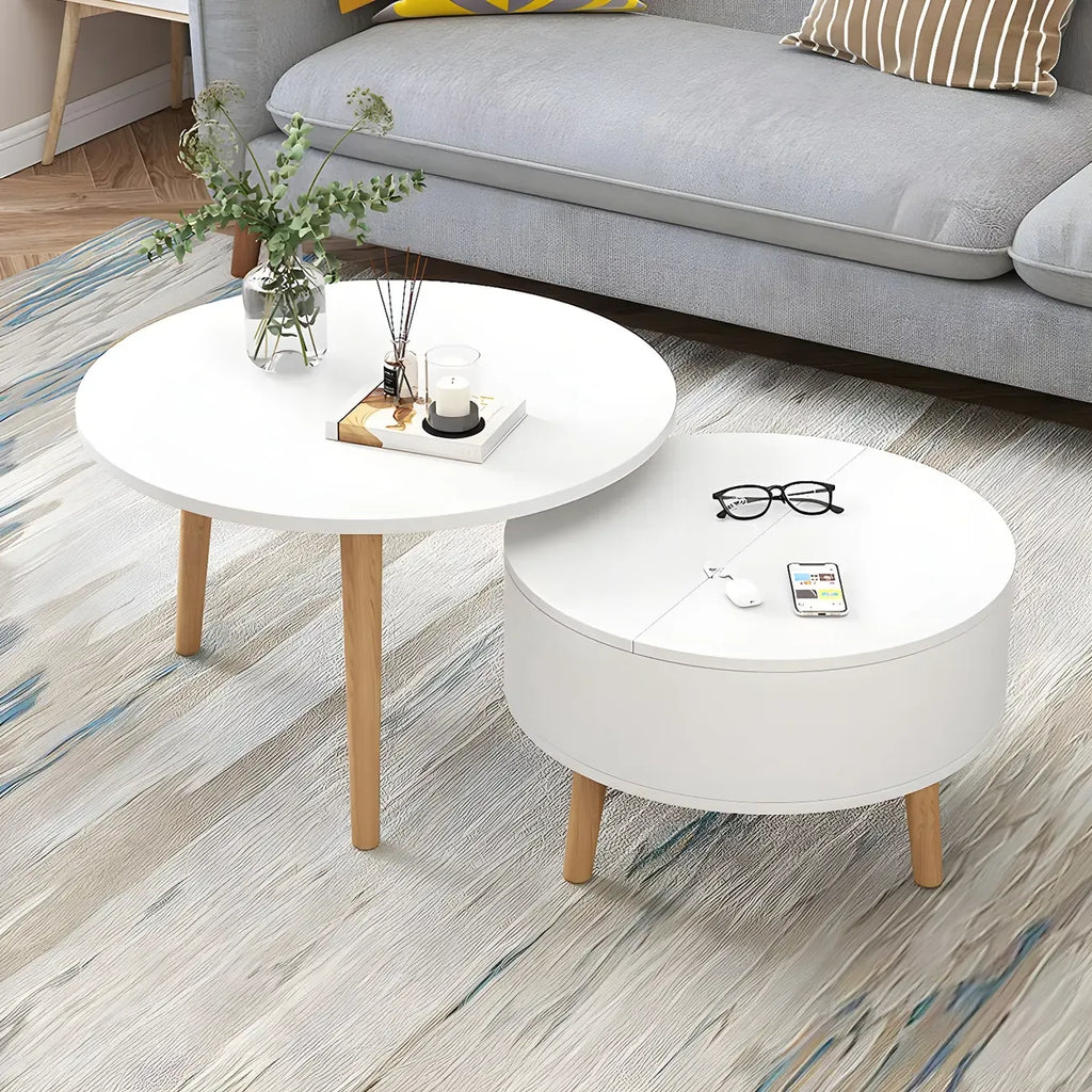 Moderne ronde houten salontafel in zwart en wit met opbergruimte