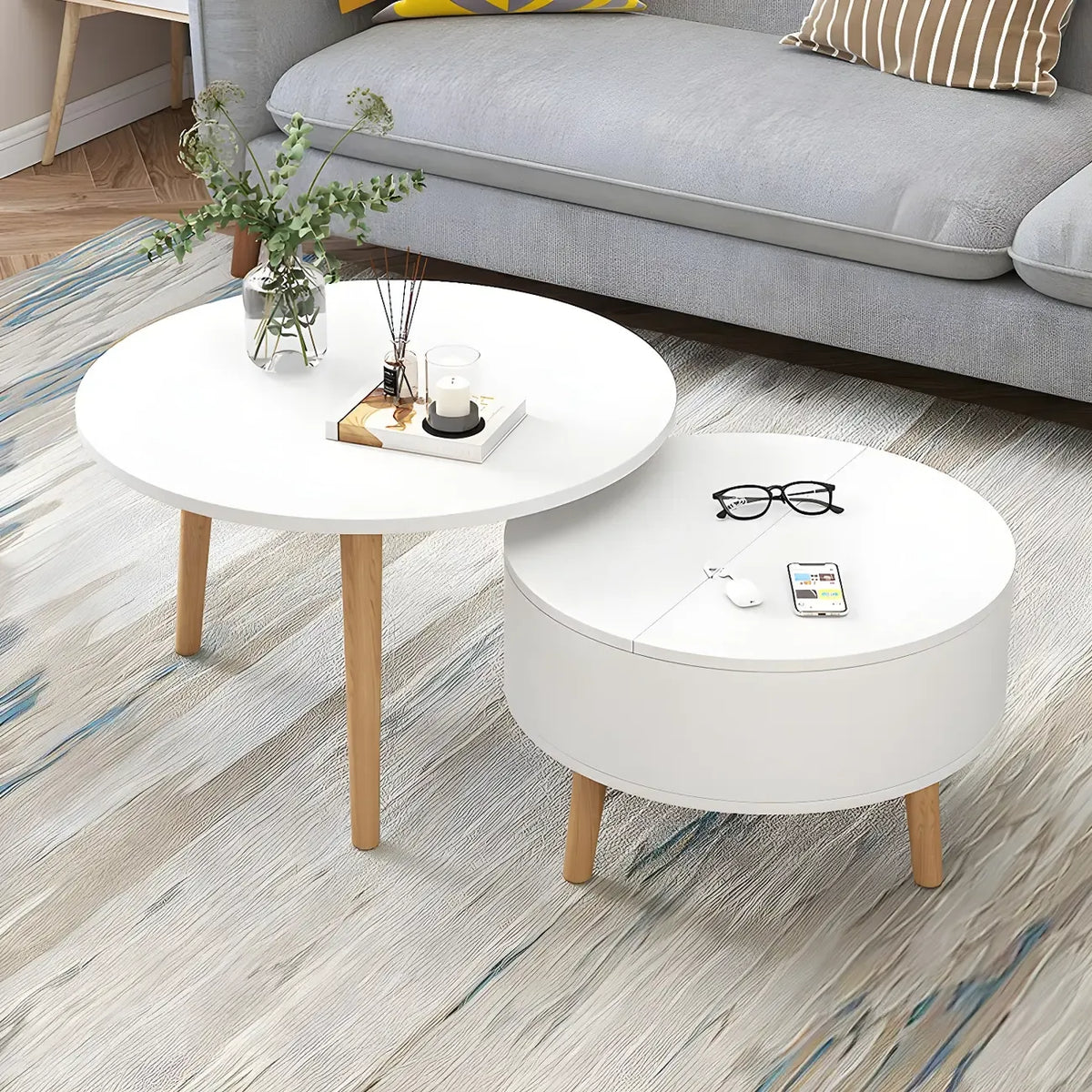 Moderne ronde houten salontafel in zwart en wit met opbergruimte