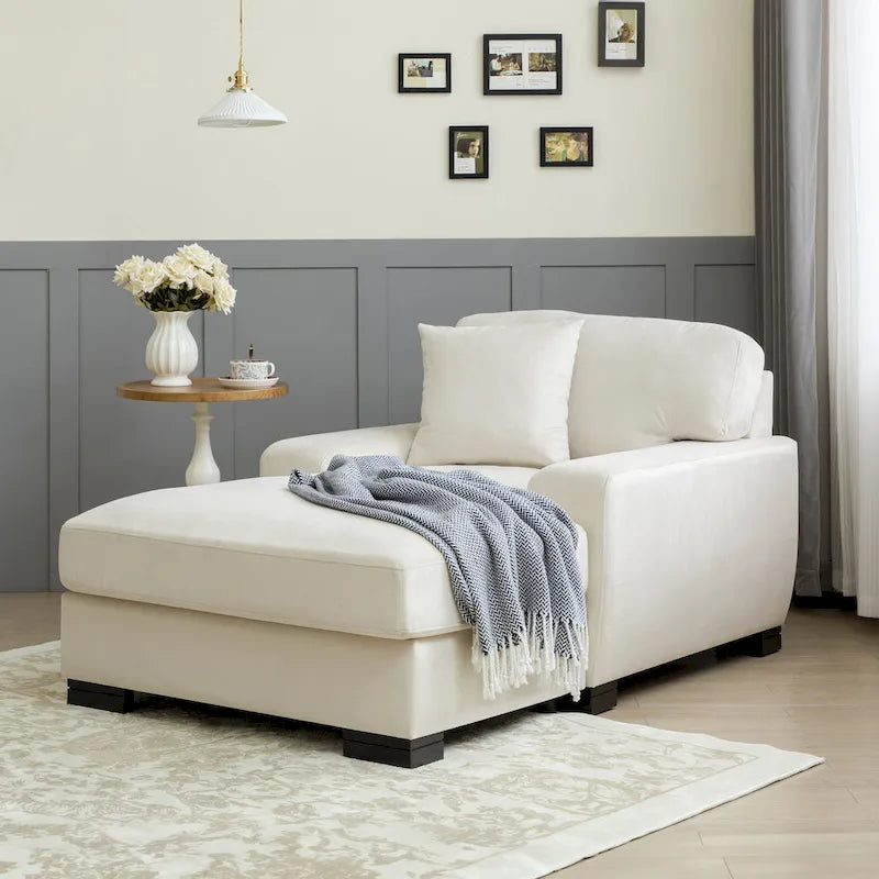 Nowoczesna, ponadgabarytowa sofa z szezlongiem i funkcją spania w stylu mid-century, z poduszką