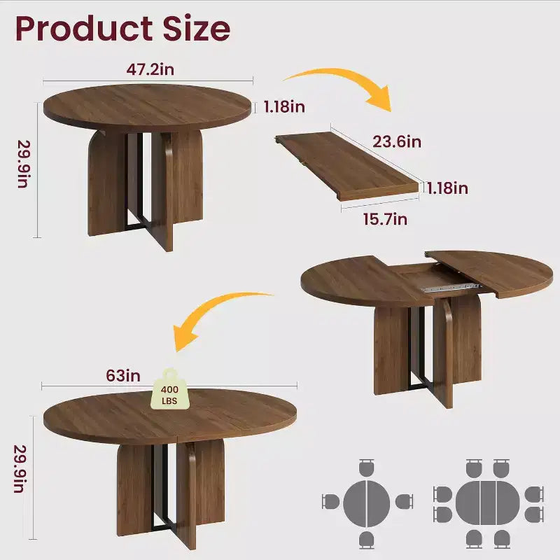 Ausziehbarer runder Esstisch, 47–63 Zoll, für 4–8 Personen, ausziehbarer Küchen- und Esstisch aus Holz im Landhausstil mit Metallgestell, oval, platzsparend für Wohnungen, Retro-Grau