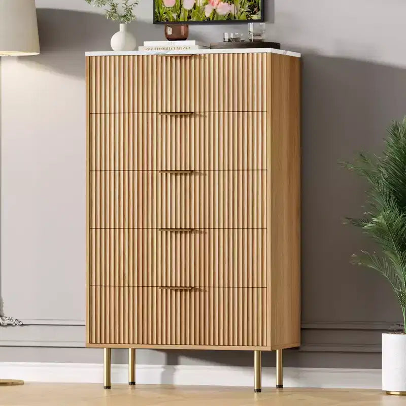 Commode blanche / marbre et bois à 5 tiroirs - panneau cannelé, pour 1 personne