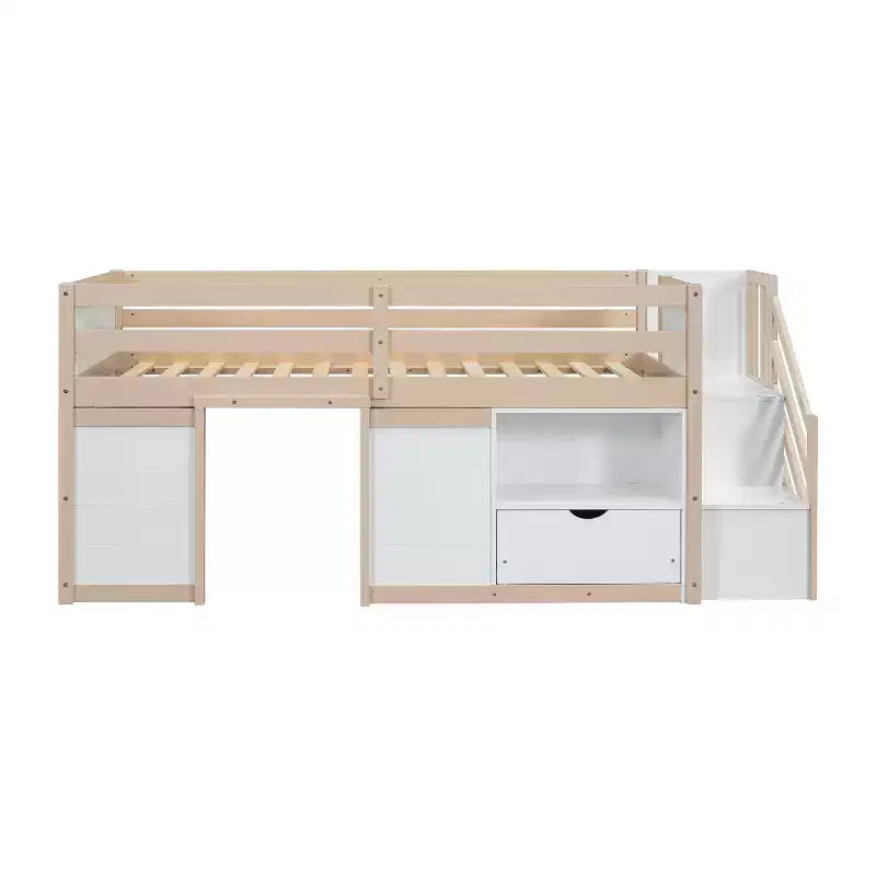 94,6L x 42,3B bed van massief hout in eenpersoonsformaat, laag hoogslaperbed met trap, lade en plank, modern en strak ontwerp