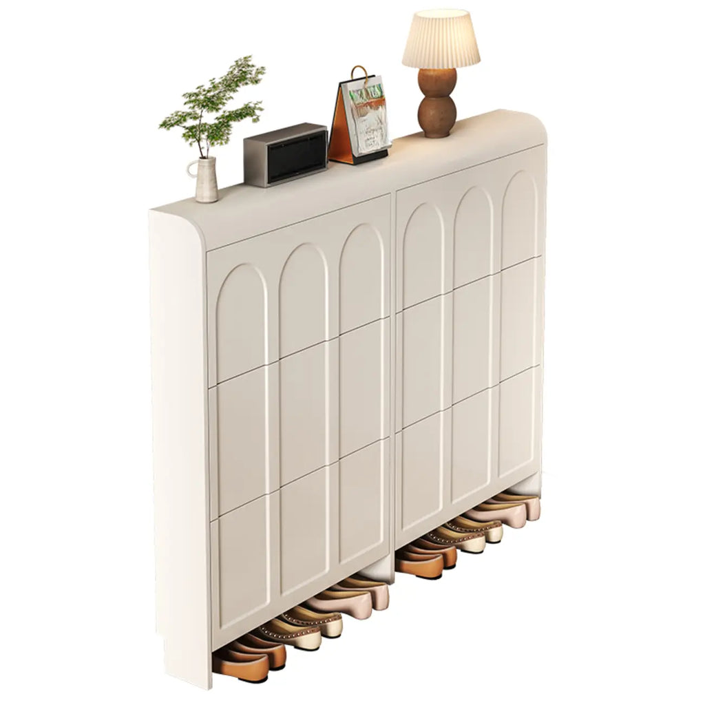 Meuble à chaussures blanc en bois, étroit, à 3 niveaux avec portes basculantes