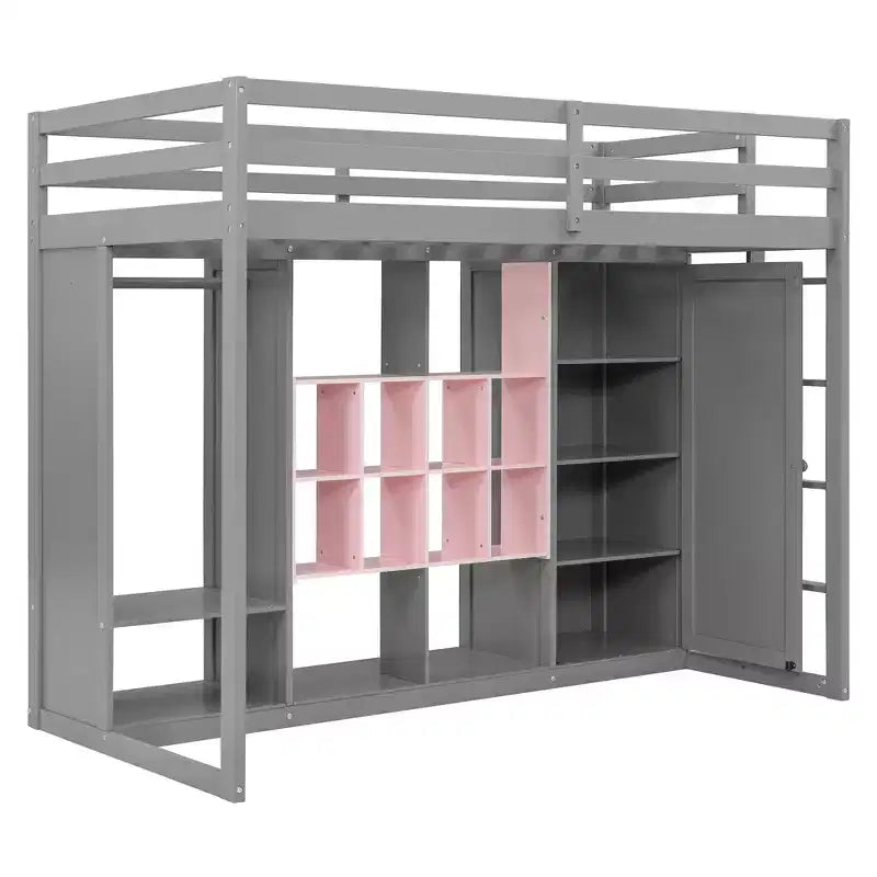 Kinderhoogslaper met kledingkast en planken, houten hoogslaperframe met opbergkast voor kinderen en tieners