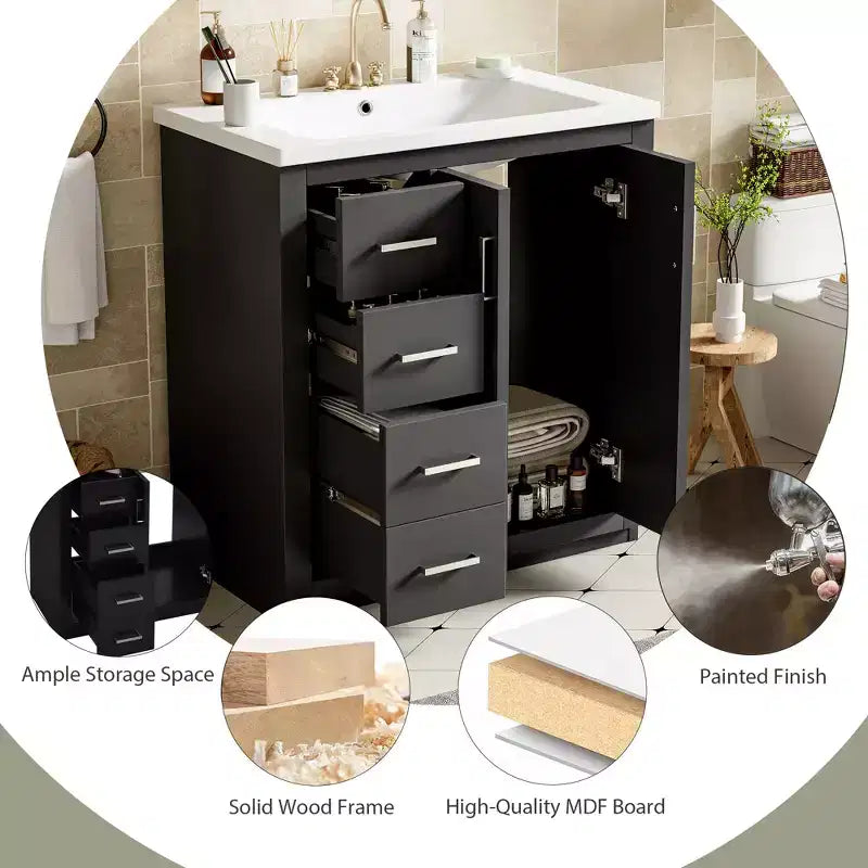 Meuble-lavabo de salle de bains simple de 30 pouces avec meuble et 3 tiroirs ??Noir / Bleu / Vert / Indigo / Blanc