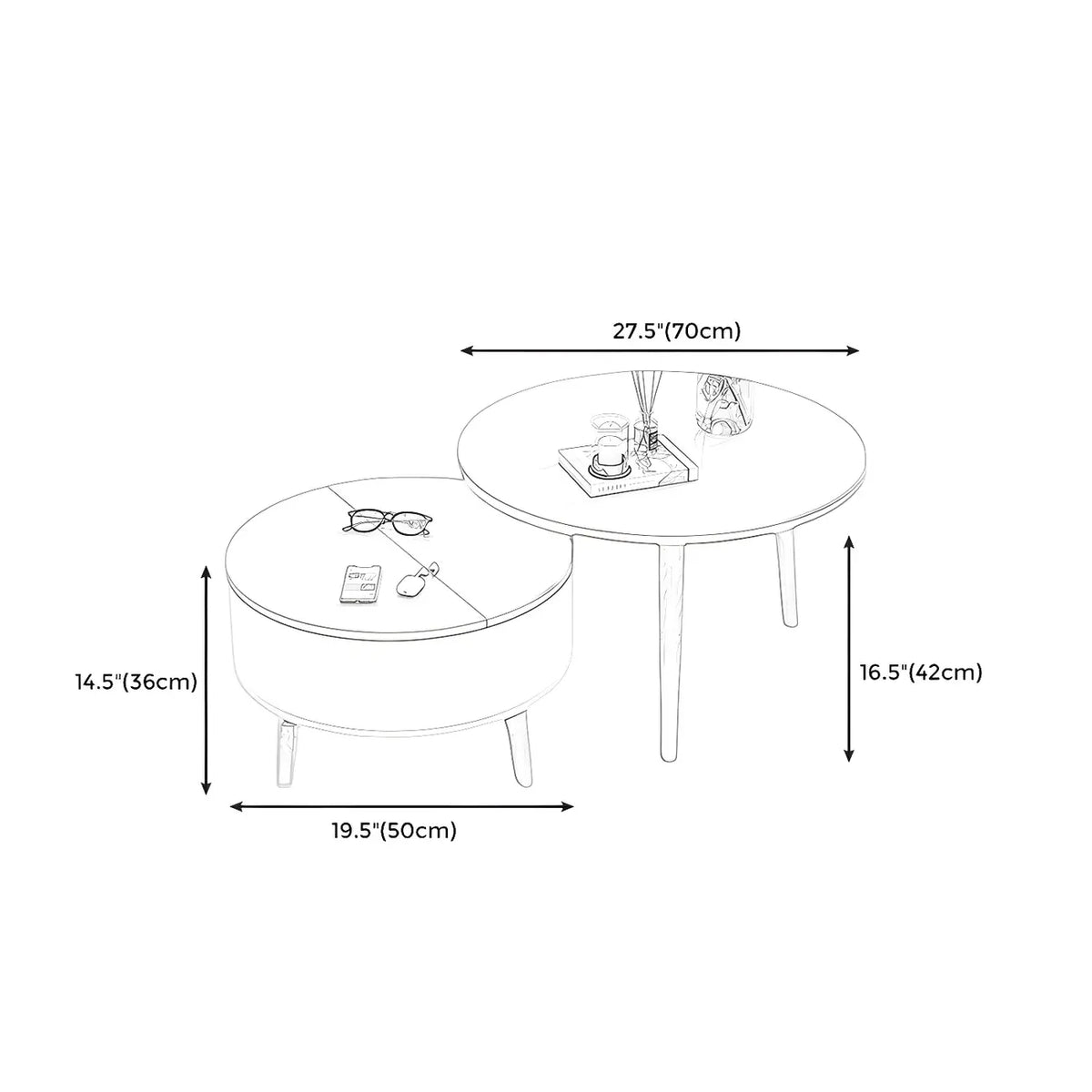 Moderne ronde houten salontafel in zwart en wit met opbergruimte