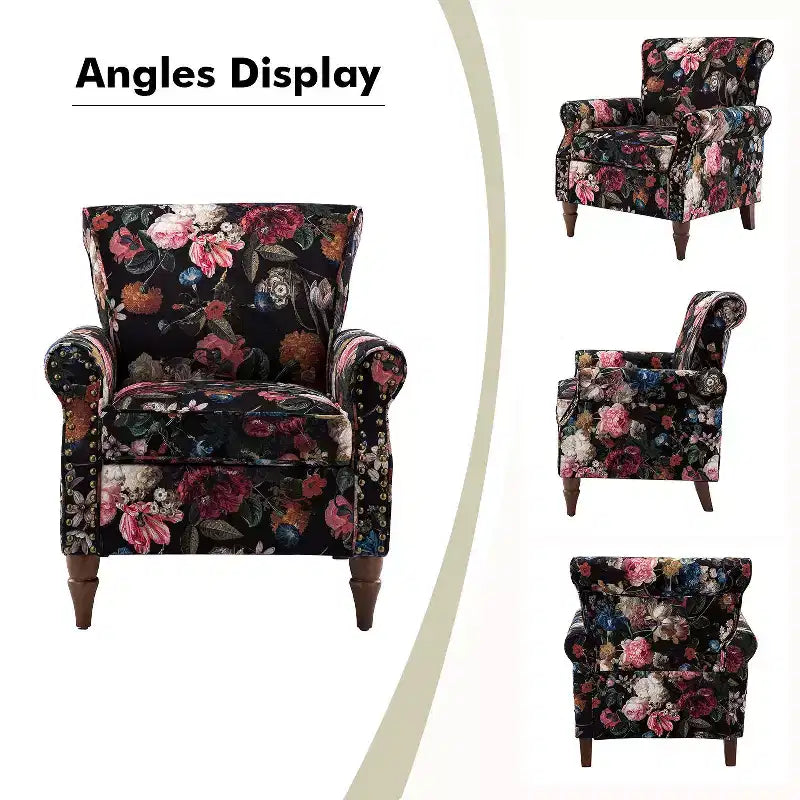 Sillón floral tradicional Araceli con estructura de madera, tapizado, respaldo alto con alas y acabado de tachuelas| ART OF LIVING DESIGNS