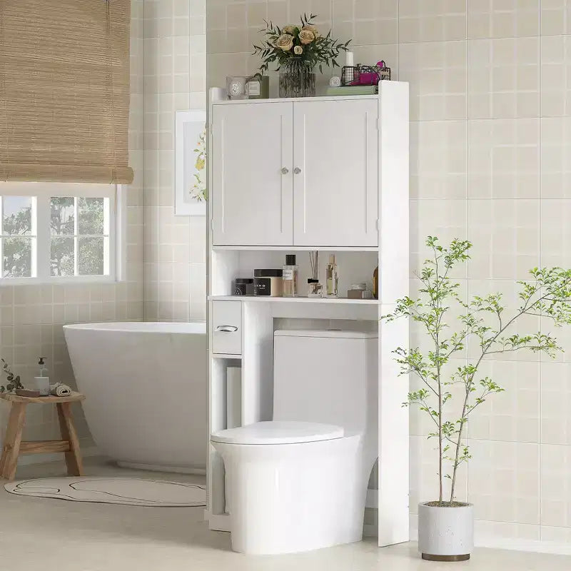 Meuble de rangement HOMCOM au-dessus des toilettes, organisateur de salle de bains moderne avec 2 portes et porte-papier toilette, gain de place autoportant