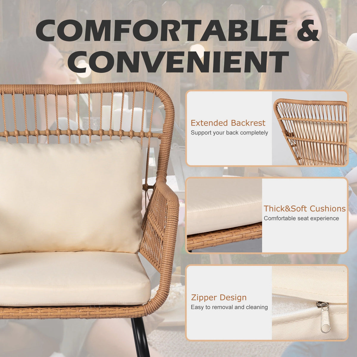 Ensemble bistro de conversation extérieur en osier de 3 pièces, mobilier de patio en rotin toutes saisons avec coussins