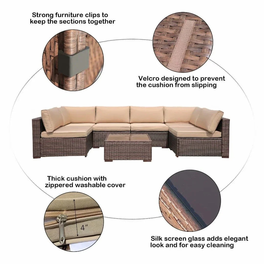 7-delige outdoor loungeset van vlechtwerk en staal met kussens