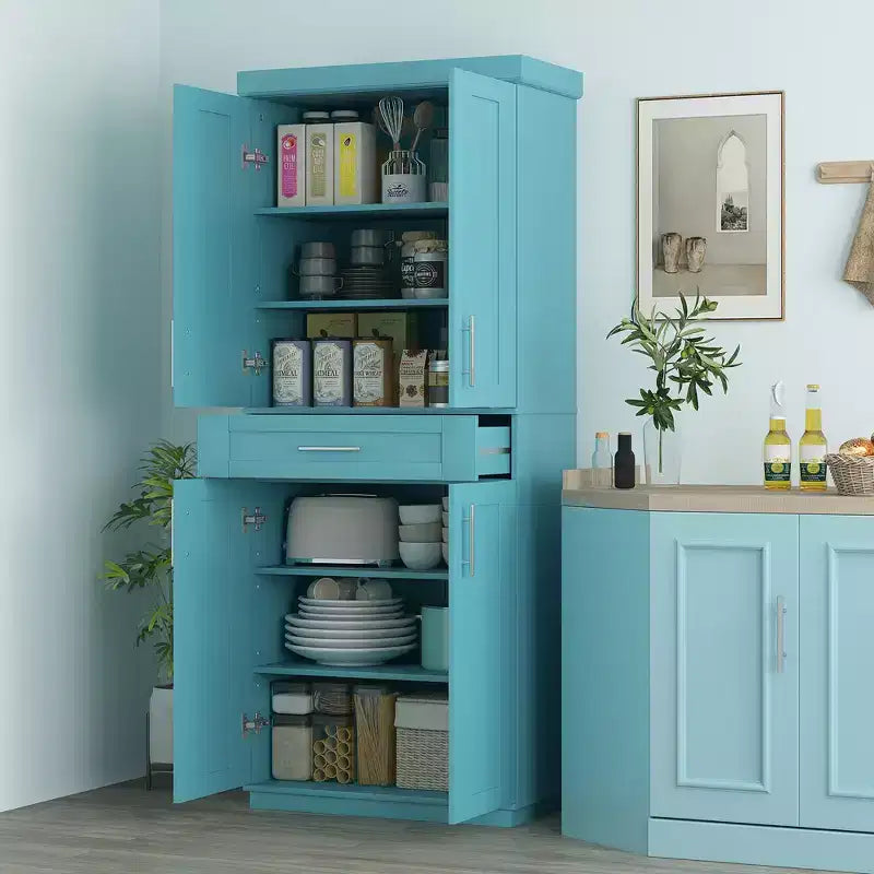 Meuble garde-manger de cuisine moderne autoportant avec portes et tiroir, étagères réglables