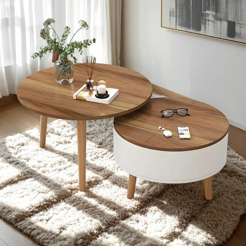Moderne ronde houten salontafel in zwart en wit met opbergruimte