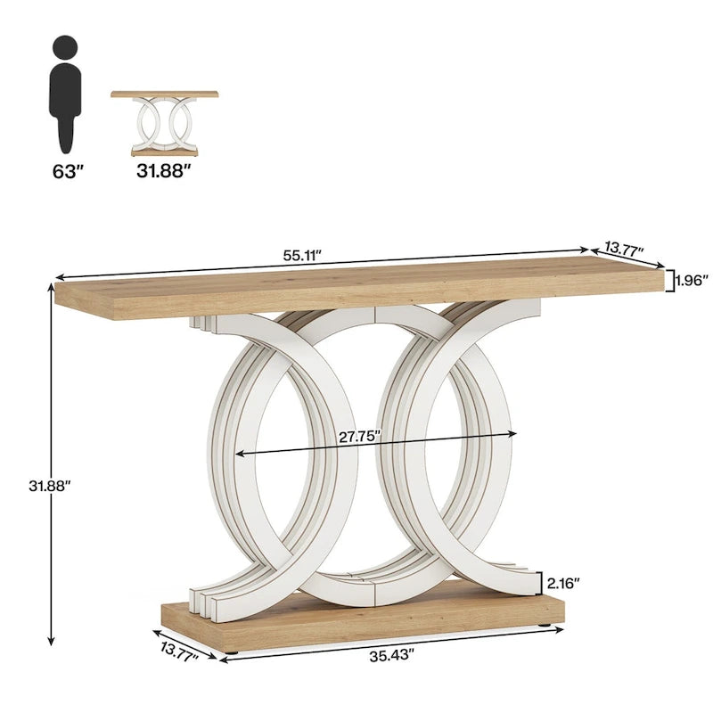 Vintage consoletafel met geometrisch onderstel, houten haltafel