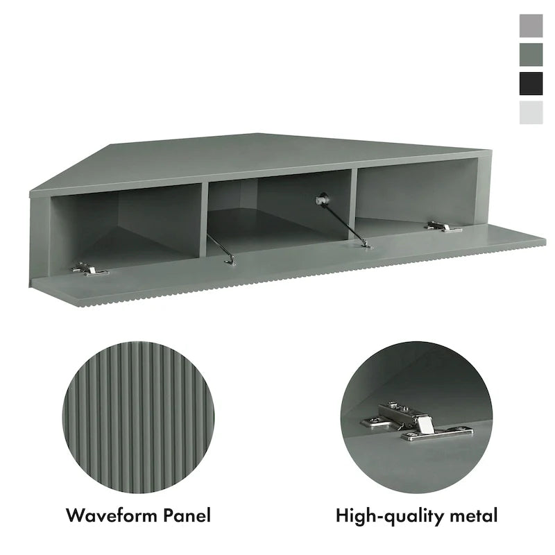 Meuble TV d’angle suspendu 47, 3 étagères, style transitionnel, fixation murale peu encombrante