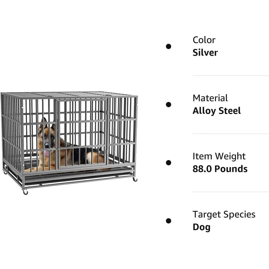 BOSSIN 48/38 inch Heavy Duty Indestructible Dog Crate, Escape Proof Dog Cage Kennel with Lockable Wheels