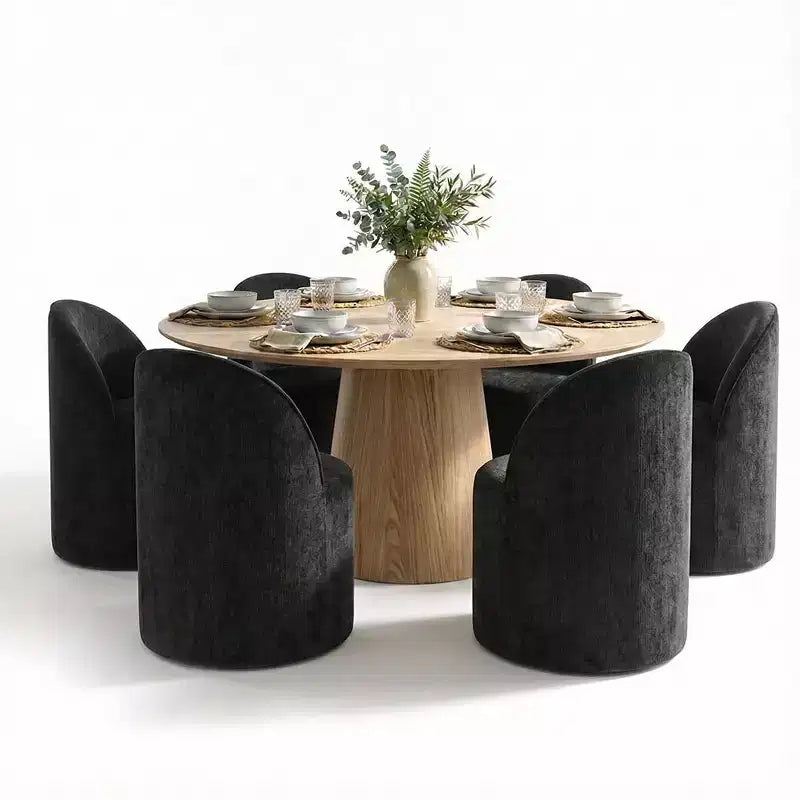 Modernes Esszimmer-Set für 6 Personen, runder Esstisch mit Säulenfuß, drehbare Fassstühle mit Rollen, Chenille-Strukturstoff – Panipeachy