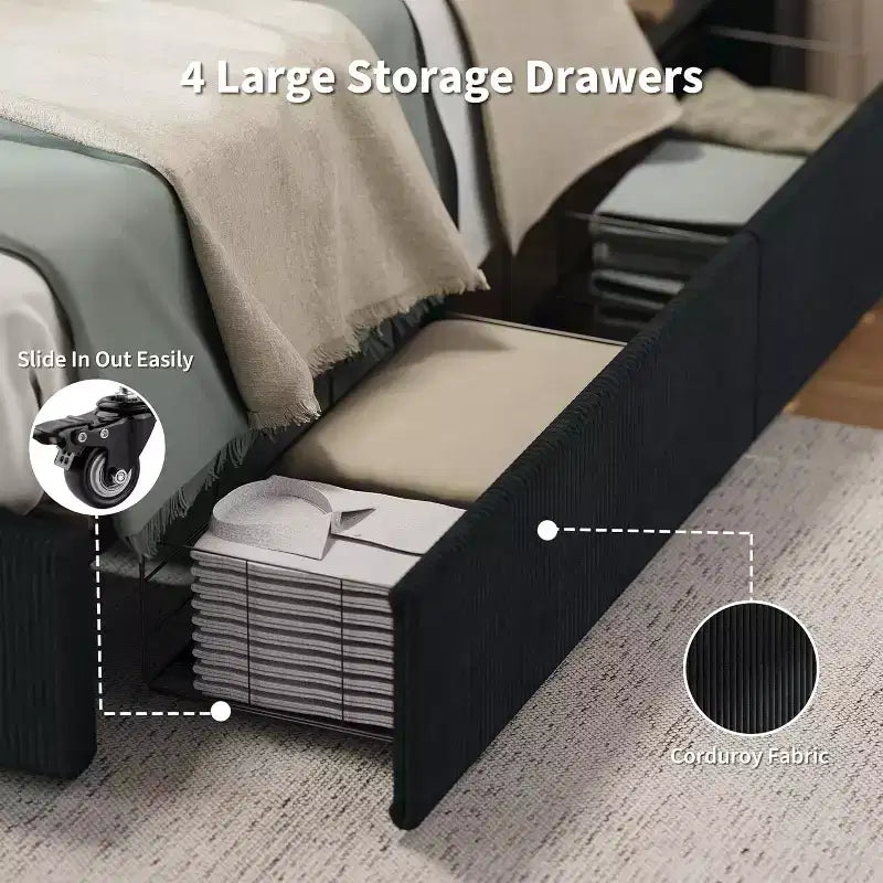 CuisinSmart corduroy bedframe met hoofdbord, gestoffeerd platformbed met 4 opbergladen en houten lattenbodem