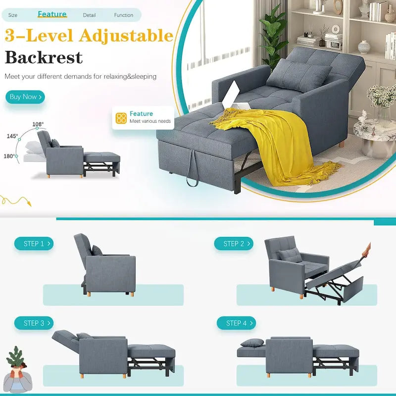 Fauteuil convertible 3-en-1 AECOJOY avec coussin et dossier réglable