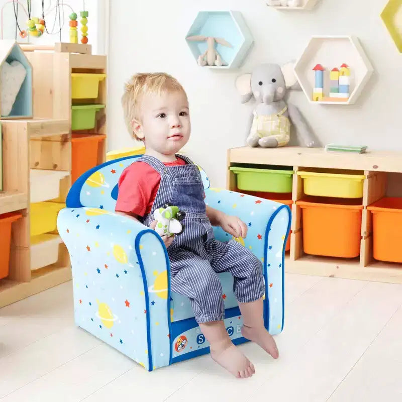 Kids' Sofa Chair – Toddler Upholstered Armchair, Wooden Frame, Blue