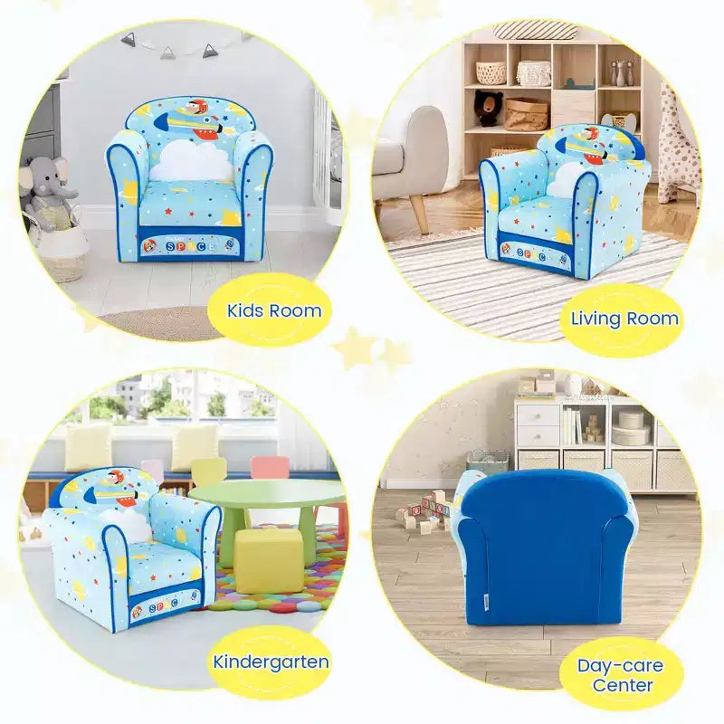 Kids' Sofa Chair – Toddler Upholstered Armchair, Wooden Frame, Blue
