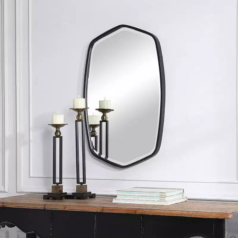 Vanity Accent Wall Mirror Modern Beveled Satin Black Iron Metal Frame 22 1/4 Wide for Bathroom Bedroom Living Room Home
